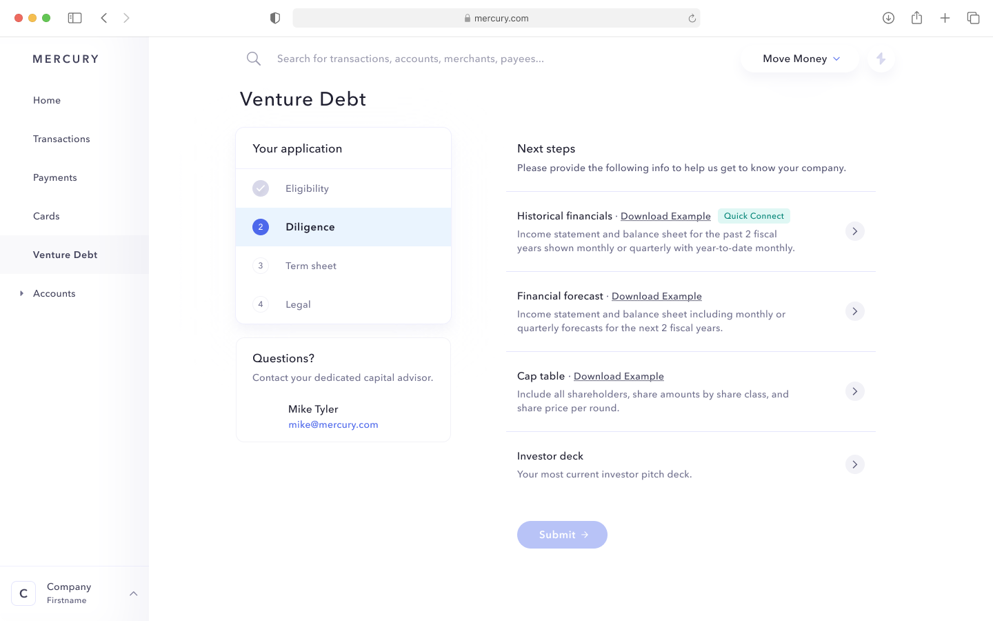 Diligence step with four document requests and quick connect