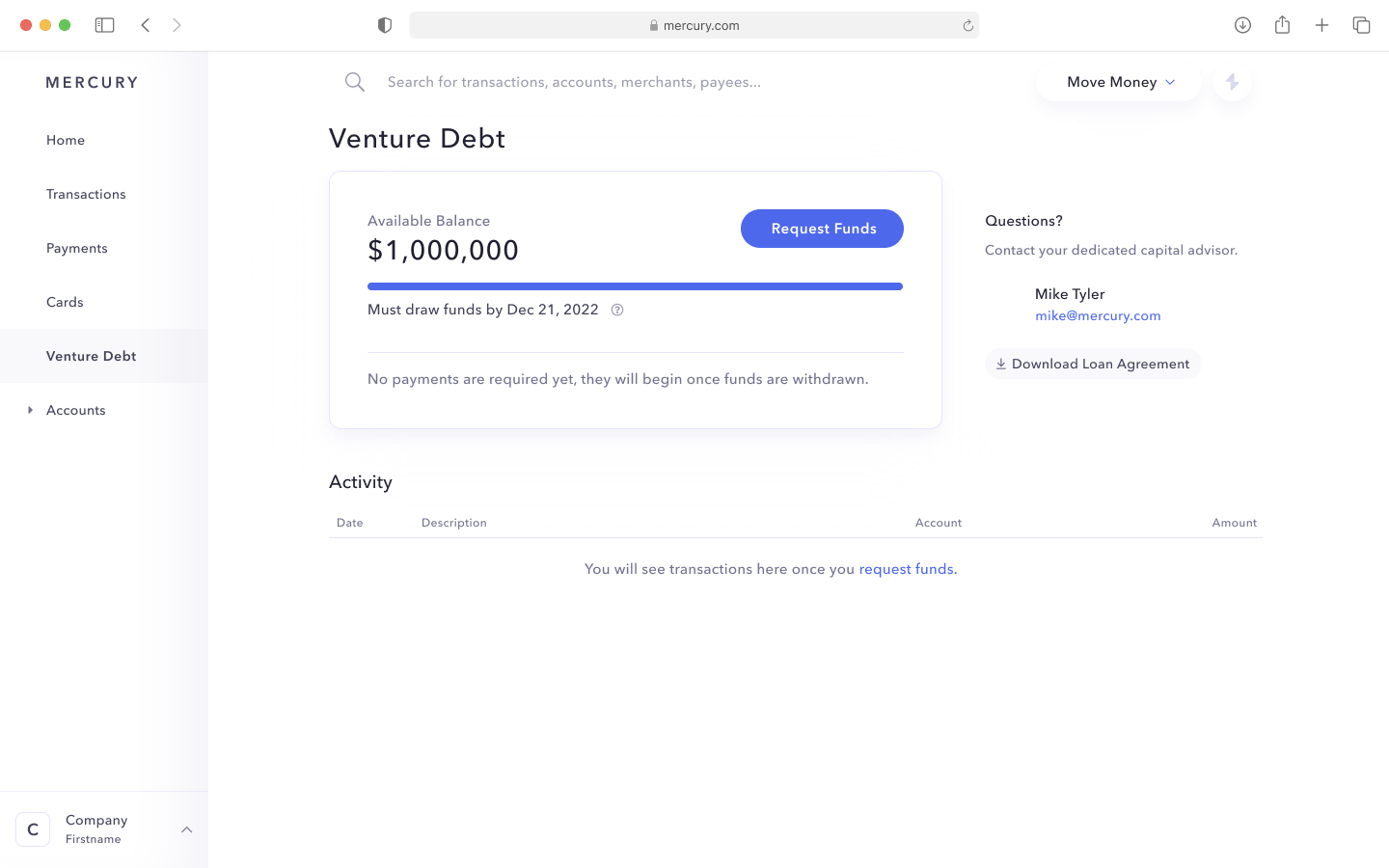 Venture debt dashboard with available balance and draw deadline