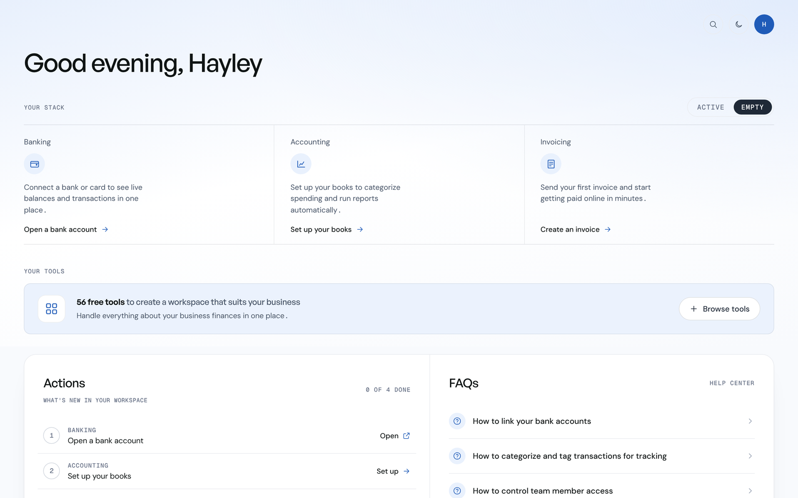 Option A: the workspace with the stack as three columns and a free tools banner