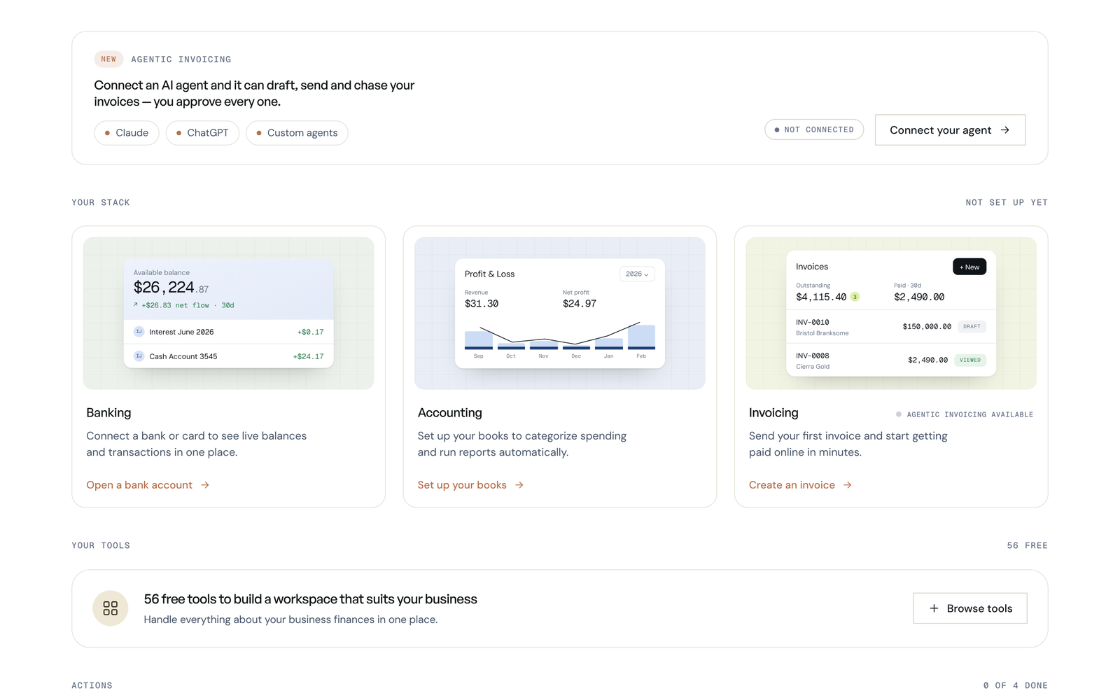 Option B: illustrated product cards with an agentic invoicing banner above the stack